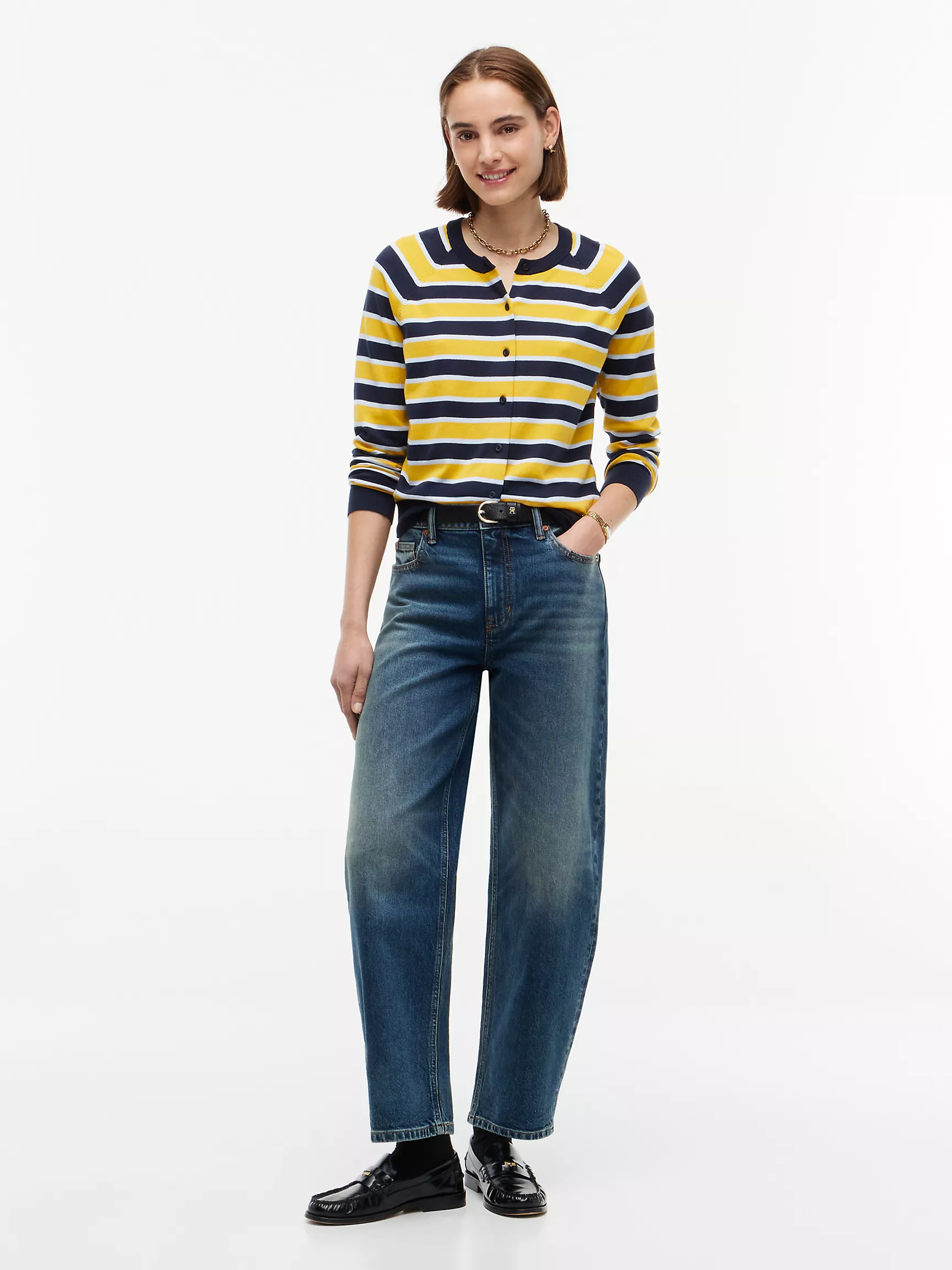 Slim Fit Striped Crewneck Cardigan