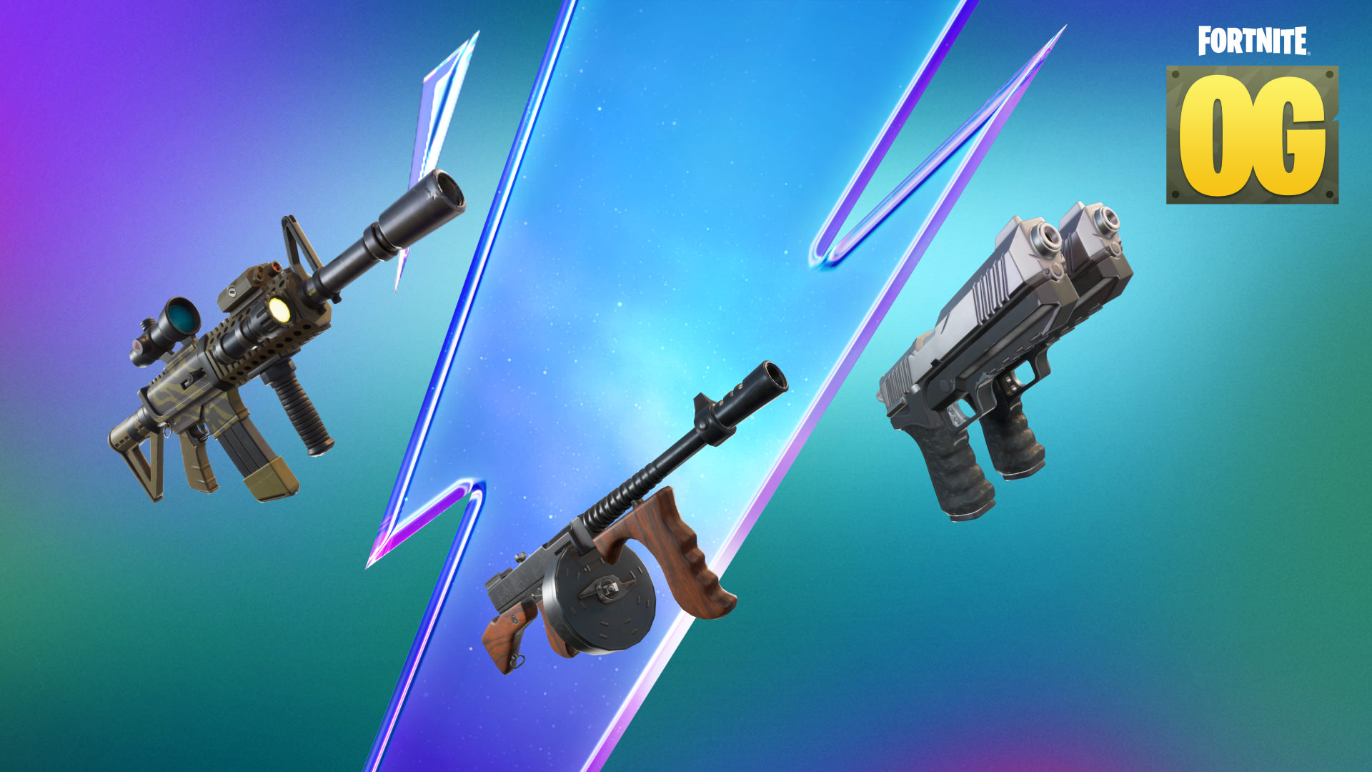 An assault rifle, Tommy Gun, and dual pistols side by side against a blue-green background with a lightning bolt on it