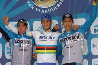 On the podium of Flanders with teammate Hoste and Tom Boonen in 2005