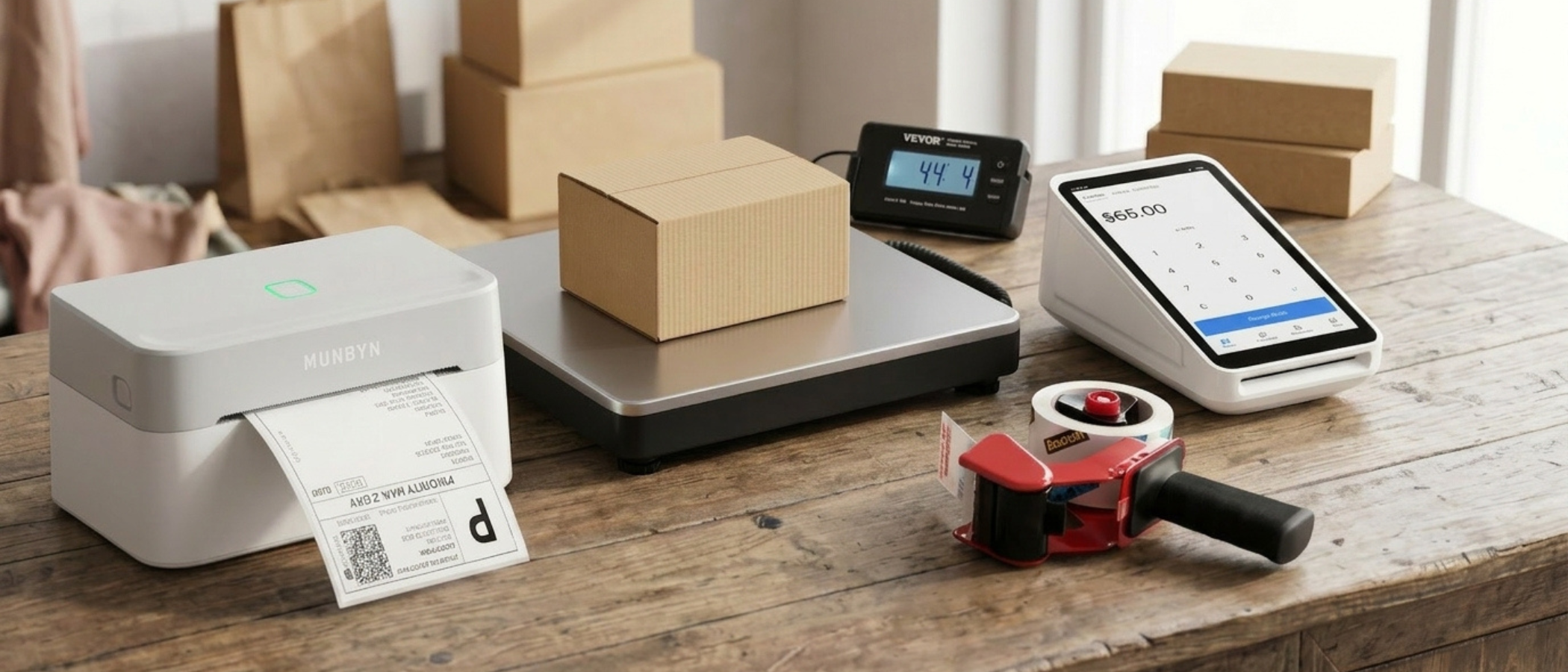 A Square Terminal and shipping accessories in a small studio with packing boxes in the background 