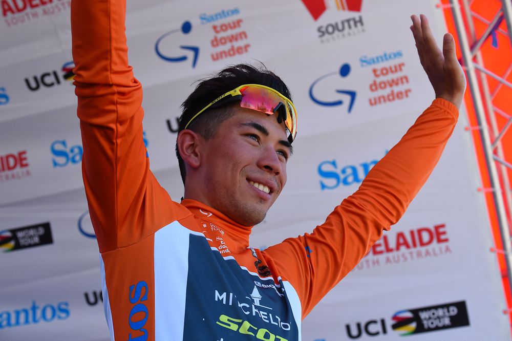 Caleb Ewan in the ochre jersey after stage 3