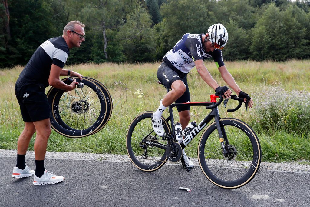 RZESZOW POLAND AUGUST 11 Robert Power of Australia and Team Qhubeka Nexthash helped by a mechanic after crash during the 78th Tour de Pologne 2021 Stage 3 a 226km stage from Sanok to Rzeszw TourdePologne TDP2021 UCIWT on August 11 2021 in Rzeszow Poland Photo by Bas CzerwinskiGetty Images