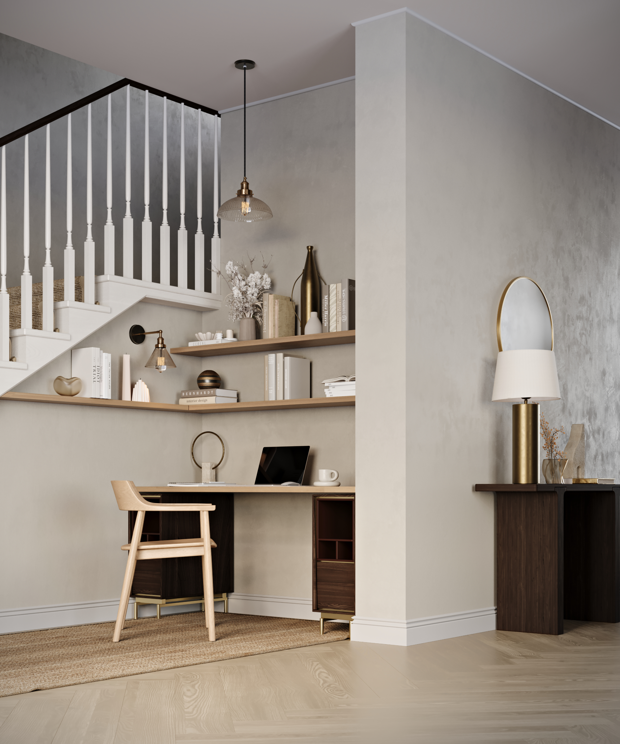 home office in alcove with pendant light, table light and wall light