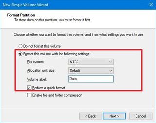 Disk Management format settings
