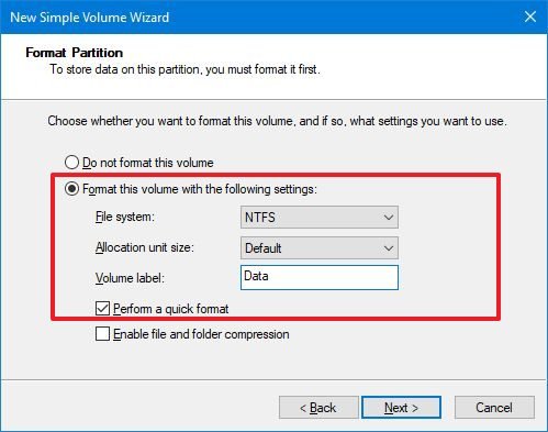 Disk Management format settings