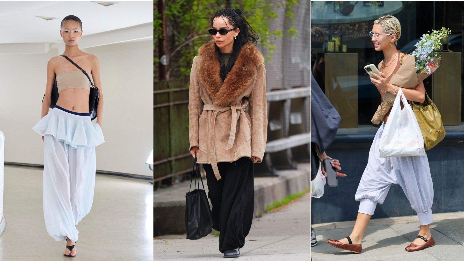 An image of balloon trousers, one of the biggest trouser trends of 2026, as seen on Zoe Kravitz, Iris Law and Alaia's spring/summer 2025 runway.