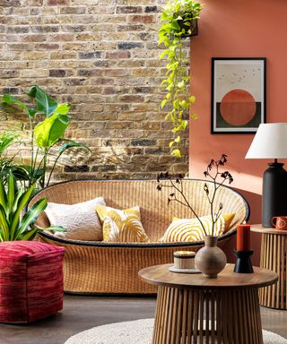 Living room with rattan sofa against an exposed brick wall and houseplants