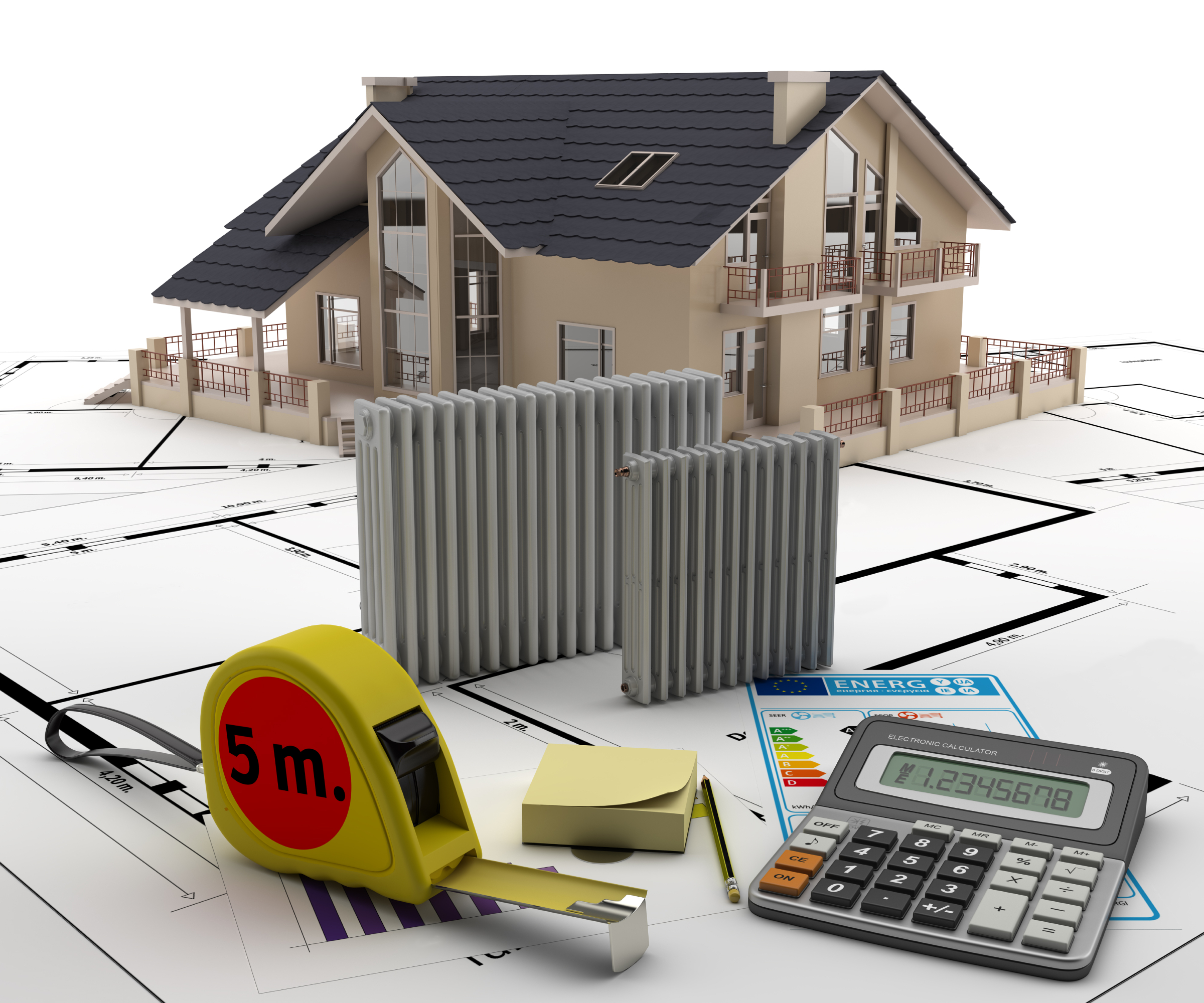 architects plans with wooden model of house sat on top, radiators, model radiators, tape measure, calculator and EPC document