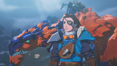 A player character stands next to a Rathalos in Monster Hunter Stories 3.