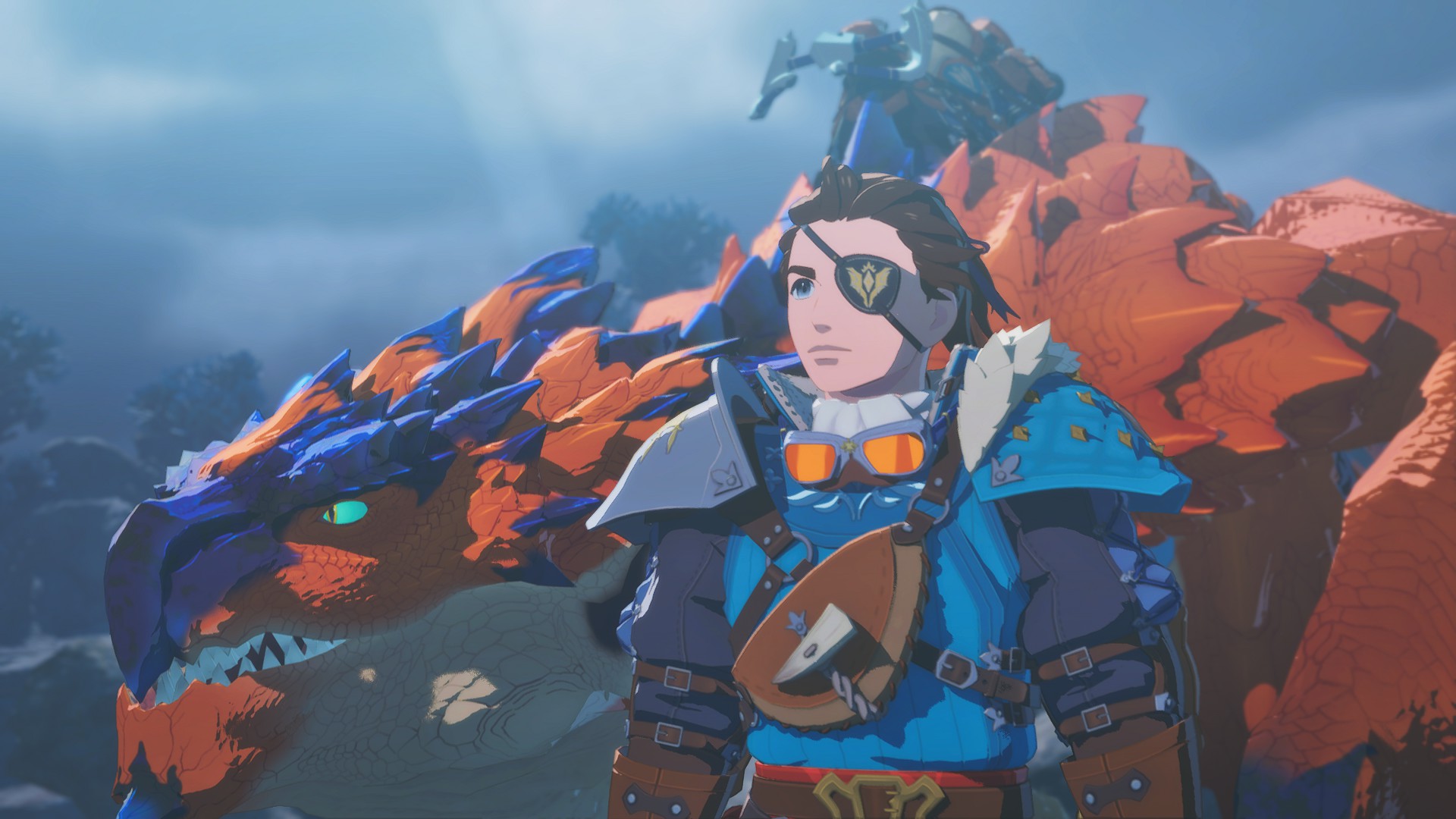 A player character stands next to a Rathalos in Monster Hunter Stories 3.