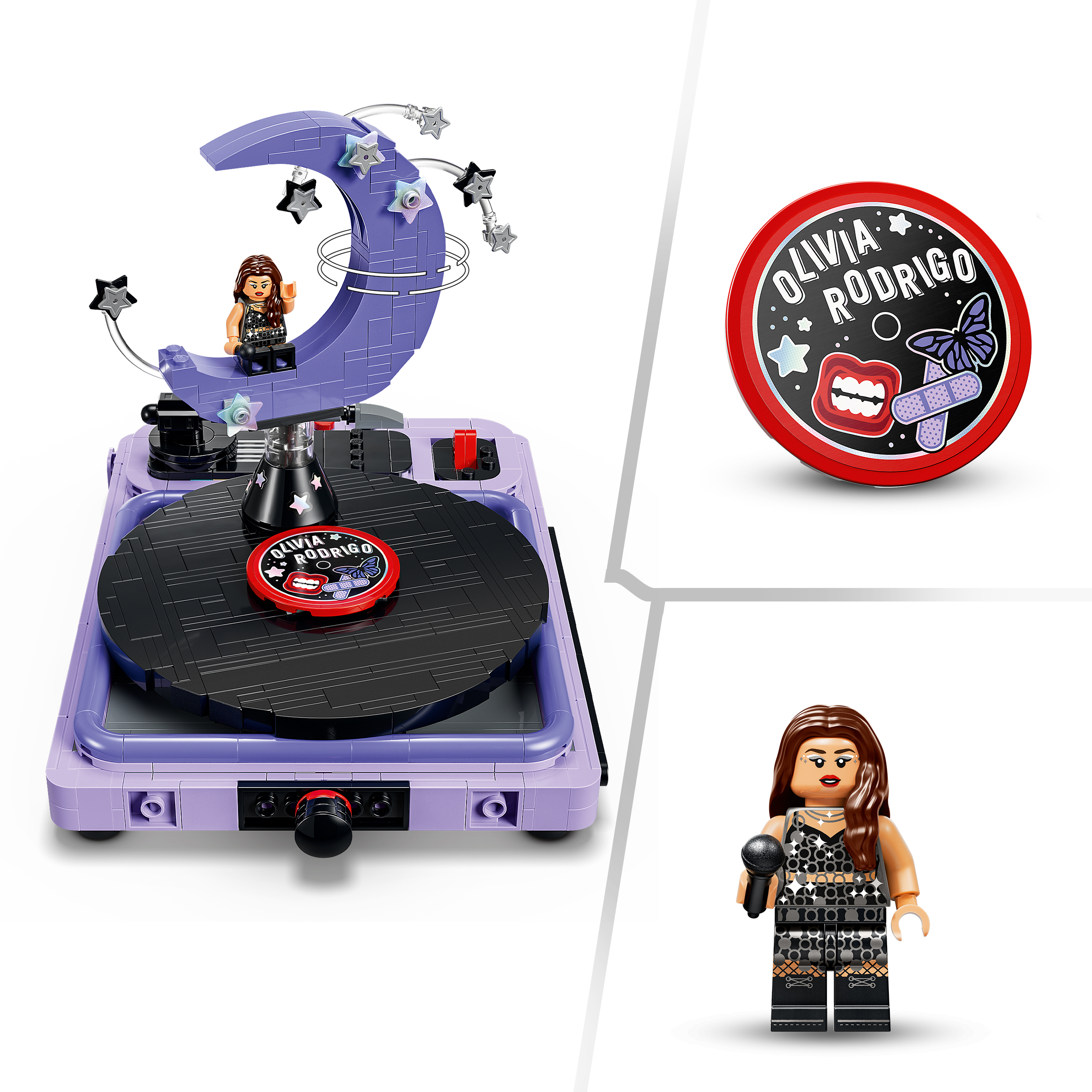 Three-part product image of the Lego Concert Moon set, showing the full crescent moon turntable build, a close-up of an Olivia Rodrigo branded disc, and the performing minifigure with stage makeup.