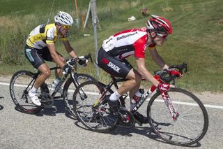 Levi Leipheimer (RadioShack) and race leader Sergio Henao (Gobernacion De Antioquia) on the attack.