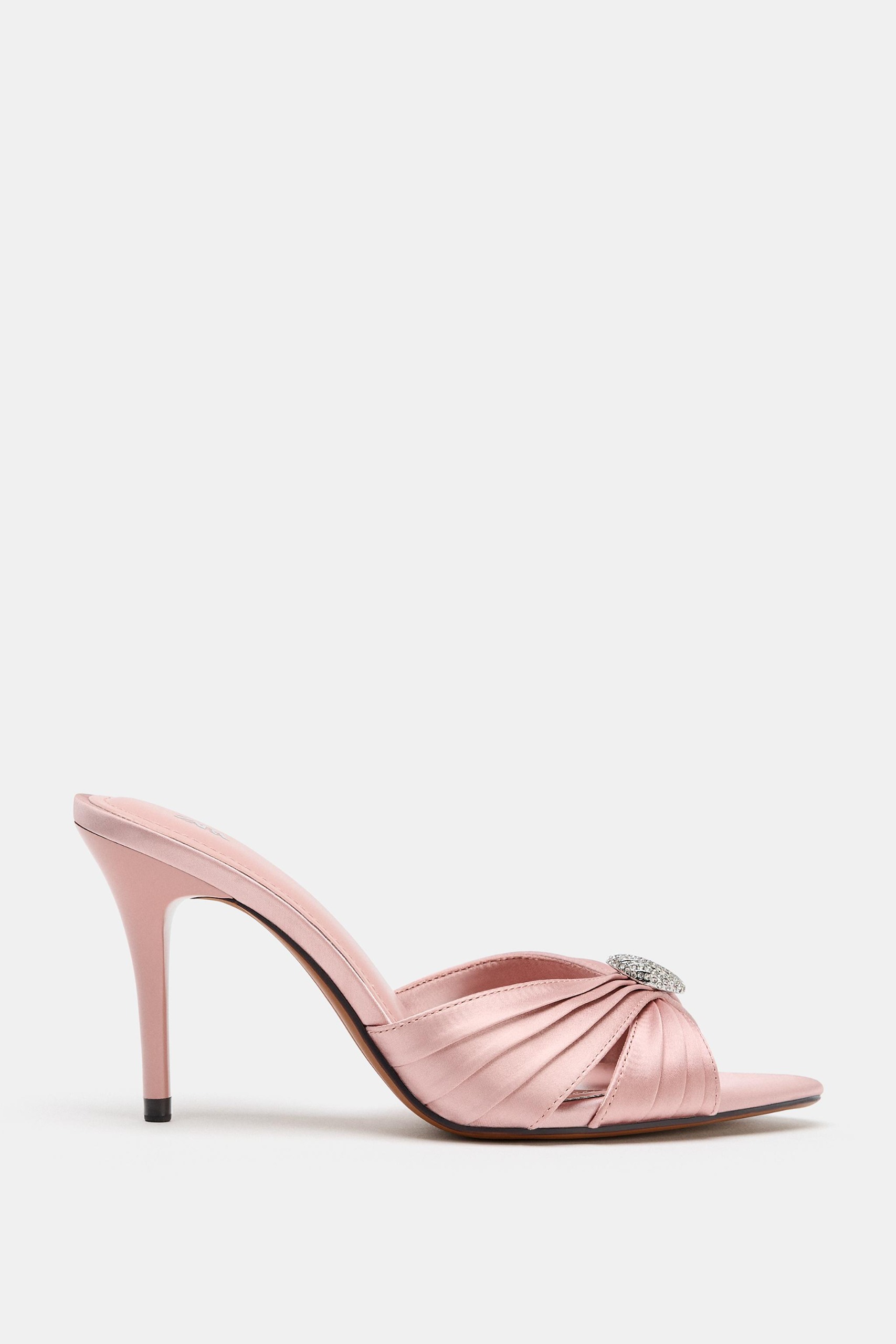 Satin Heeled Sandals With Appliqu&amp;Eacute; - Pink - 5