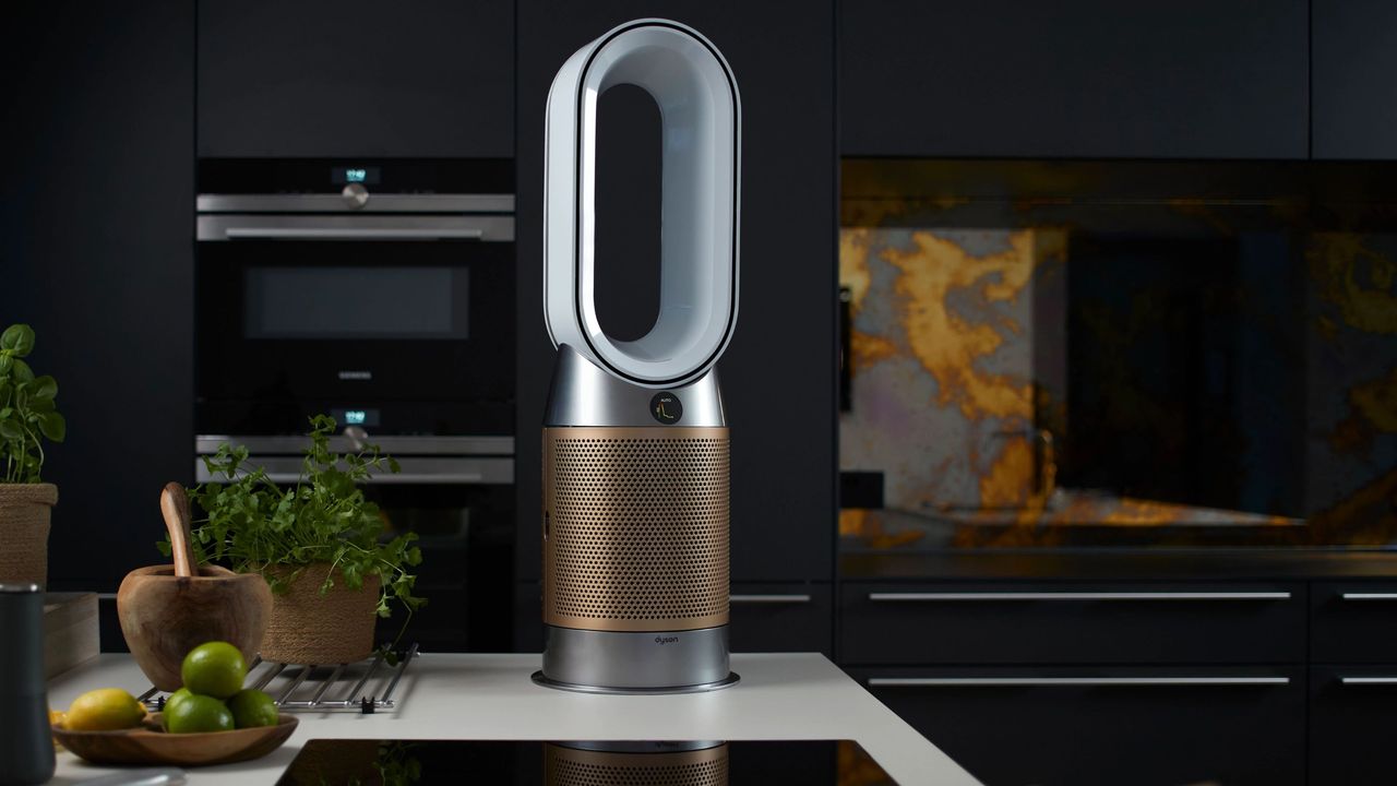 White and gold air purifier in kitchen