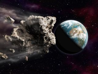 An artist's illustration of an asteroid headed toward Earth.