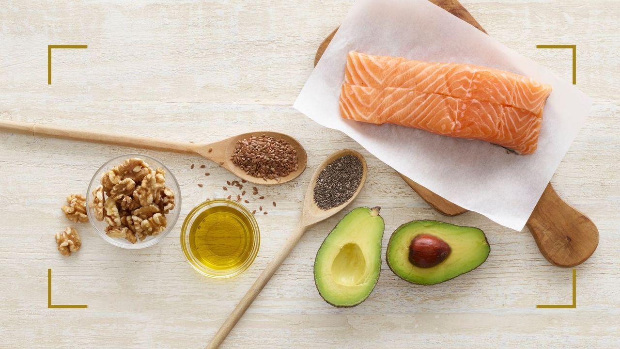 Foods high in omega-3 in a flatlay studio shot