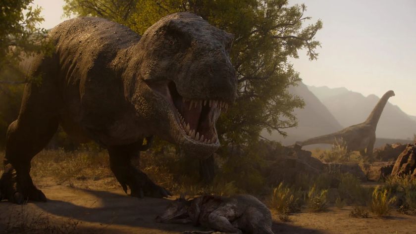 A screenshot from Netflix's documentary "The Dinosaurs" showing a T-rex stood over a dead dinosaur, with a large sauropod in the background.