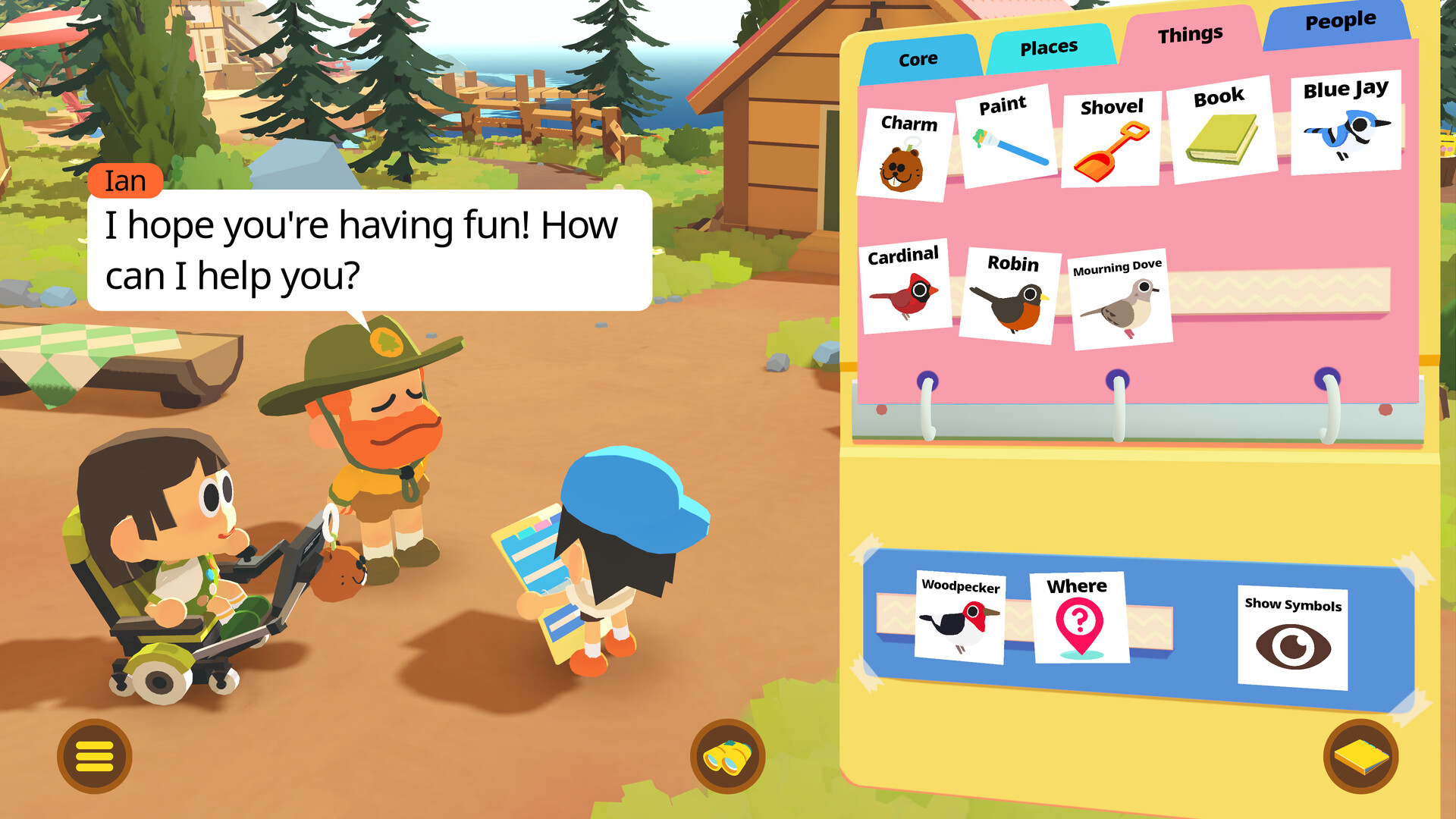 Find Your Words screenshot showing three characters in a campground. One is in a wheelchair, while another looks at a list, and a man with a beard wearing scout gear asks how he can help the others
