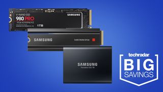 Samsung SSDs on blue background