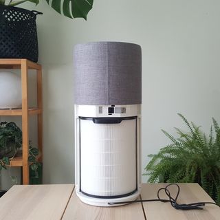 The Philips 3000i Series AC303330 Connected Air Purifier on a wooden table in a green room with indoor plants