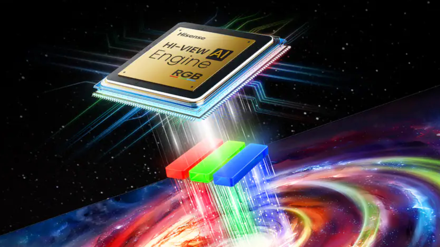 The Hisense Hi-View AI Engine RGB Mini-LED processor in front of a red-, green- and blue-colored representation of LEDs