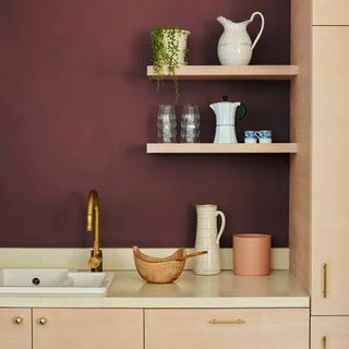 Pink kitchen with burgundy painted wall