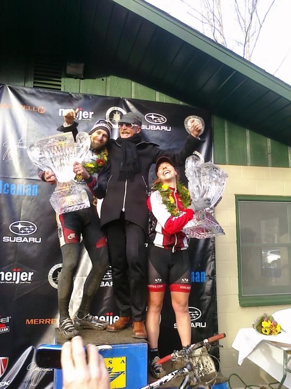 2010 Iceman Cometh winner Brian Matter celebrates on the podium with Gary Fisher. It was Fisher's 60th birthday.