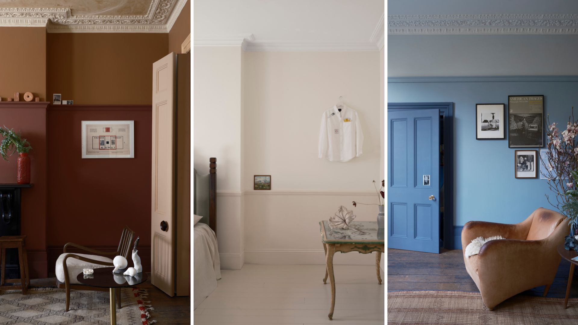Collage of three rooms painted in tonal colours to support Farrow &amp;amp; Ball's gradient layering trend