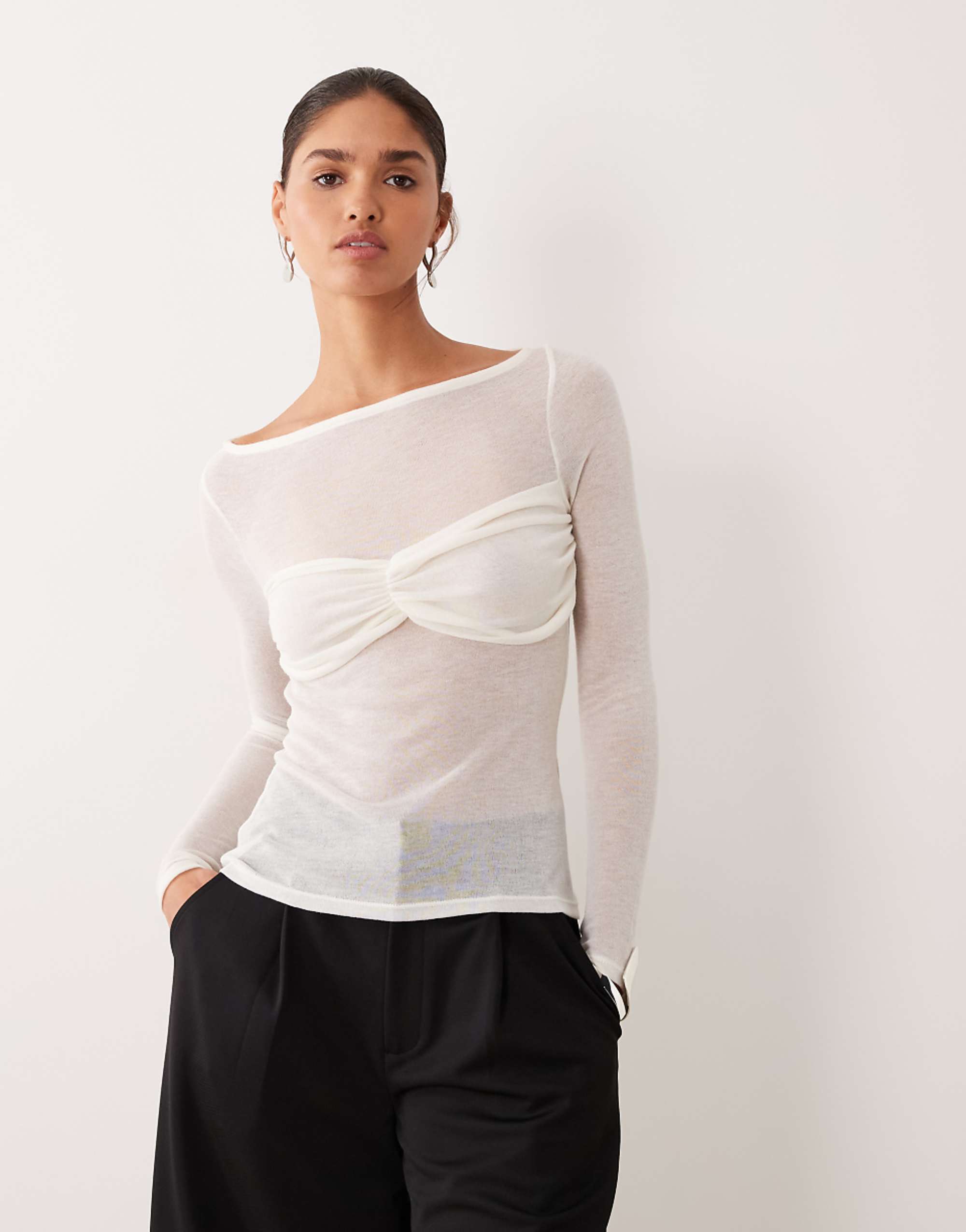 Asos Design Knit-Look Semi Sheer Long Sleeve Top With Ruched Bust Overlay in Ivory
