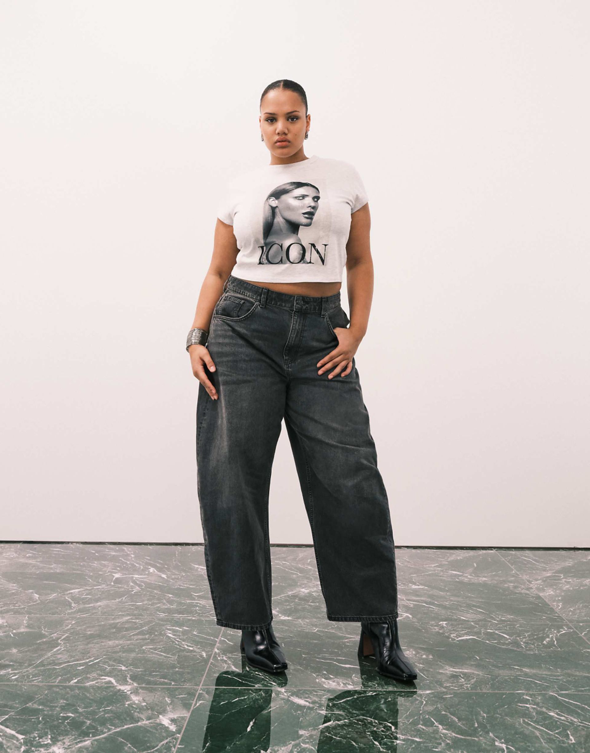 Asos Design Curve High Waisted Barrel Leg Jeans in Washed Charcoal