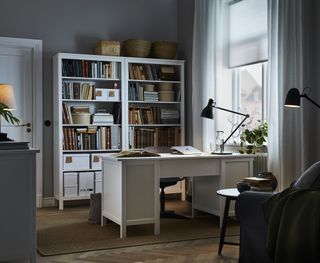 Ikea home office with HEMNES desk and bookcase