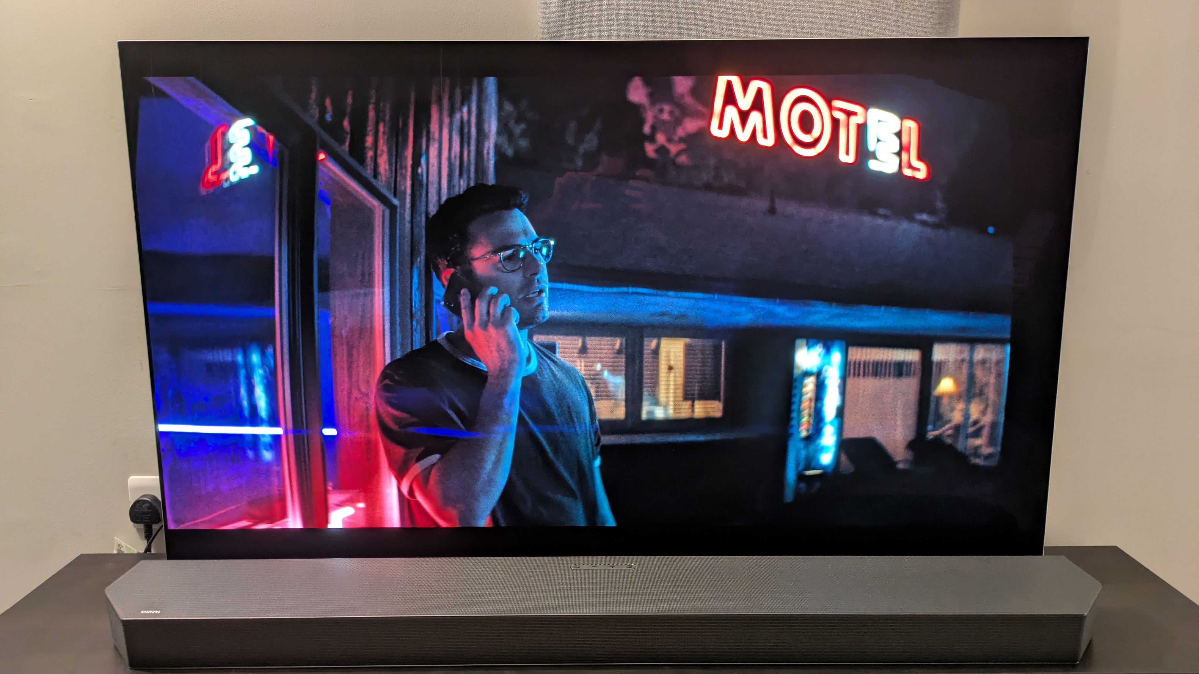 LG G5 with a shot of a motel sign from The Monkey (2025) 4K Blu-ray on screen