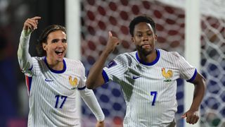 Lucas Michal of France celebrates scoring his team's first goal with Andrea Le Borgne during the FIFA U-20 World Cup Chile 2025 Round of 16 match between Japan and France at Estadio Nacional Julio Martínez Prádanos on October 08, 2025 in Santiago, Chile.