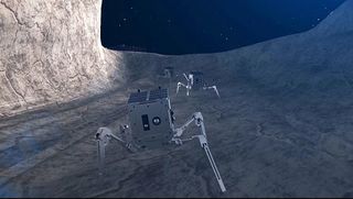 Spacebit's spider-like moon rovers crawl on the moon in this still image from an animation of the robots.
