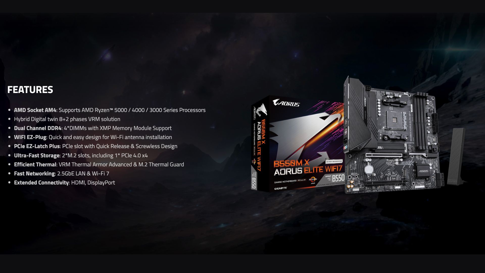Gigabyte Aorus AM4 motherboard on a black background, with features written on the left