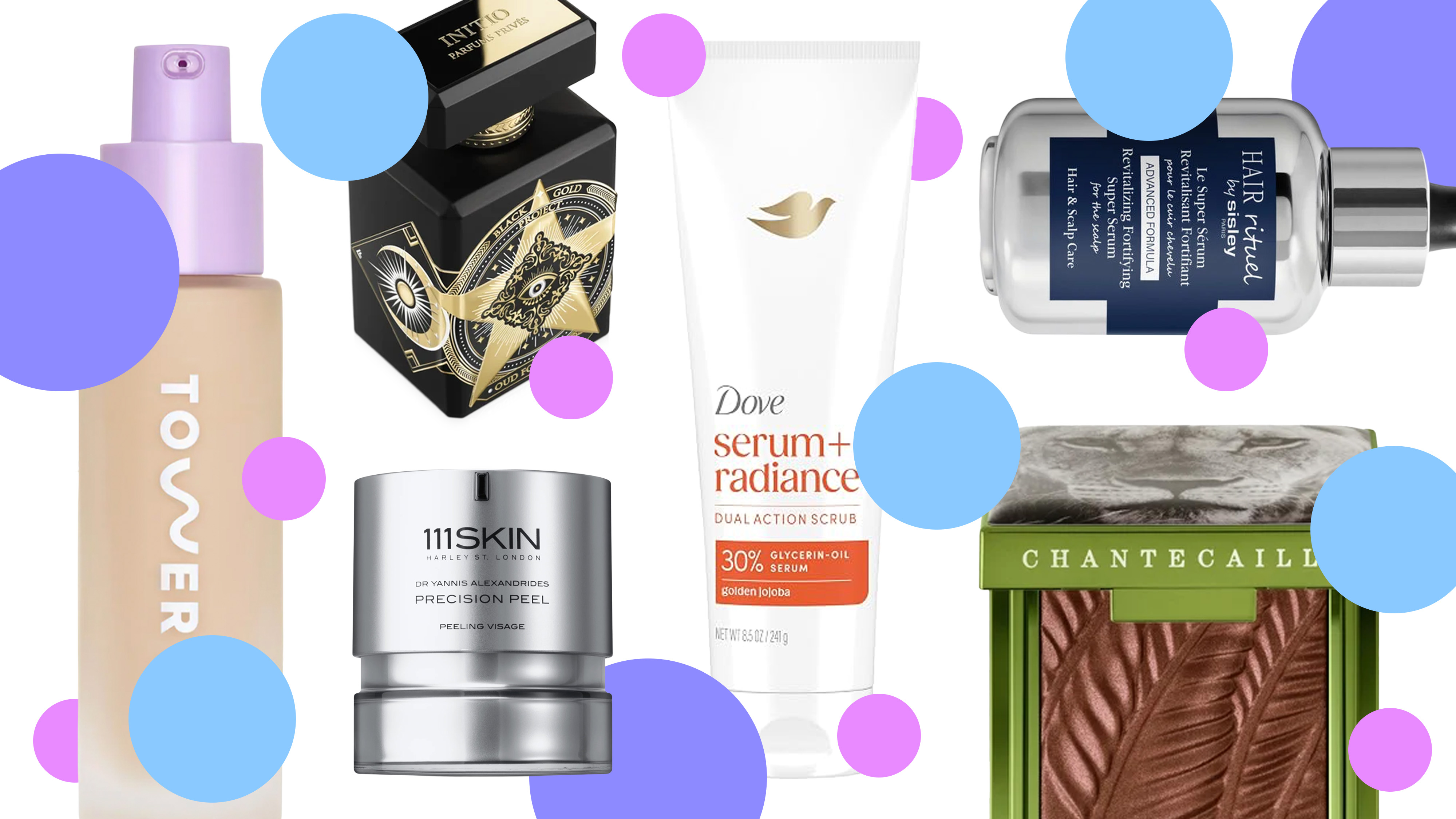 A collage of beauty products with polka dots surrounding them. 