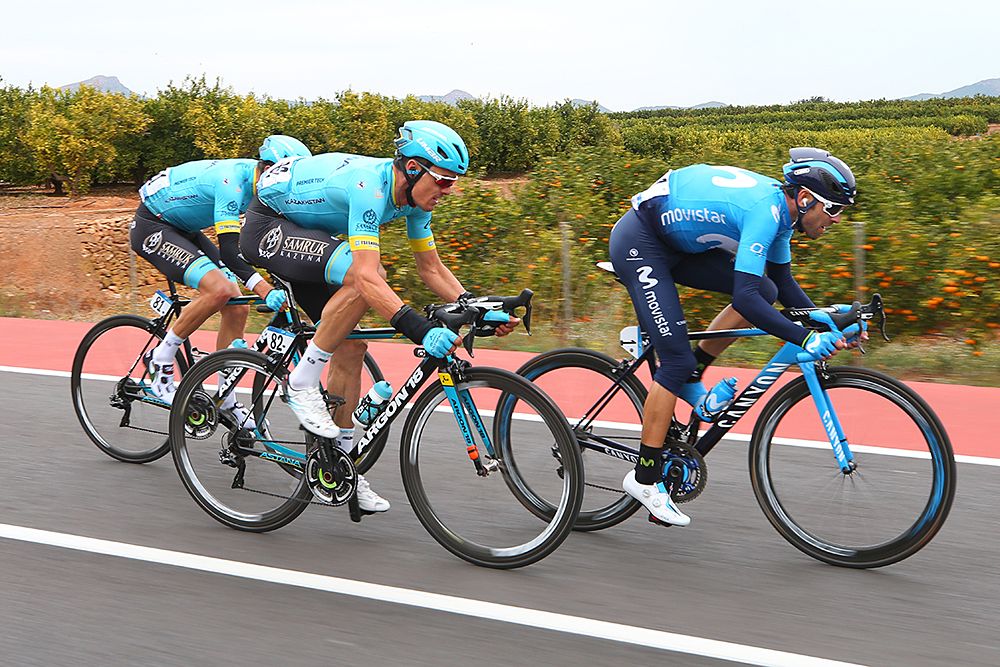The winning breakaway with Alejandro Valverde (Movistar) and Astana teammates Luis Leon Sanchez and Jacob Fuglsang