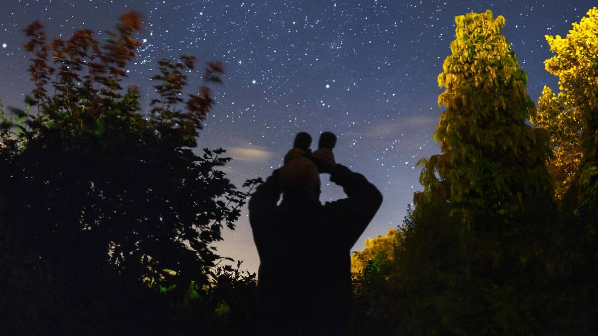 Silhouette of a person stargazing with binoculars against a starry sky backdrop.