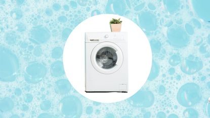 A washing machine on a blue bubble background