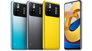 Xiaomi Poco M4 Pro 5G in three colors, front and back.