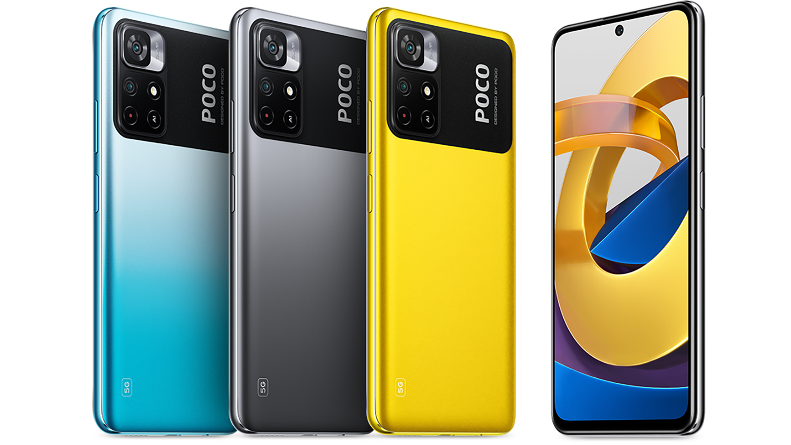 Xiaomi Poco M4 Pro 5G dalam tiga warna, depan dan belakang.