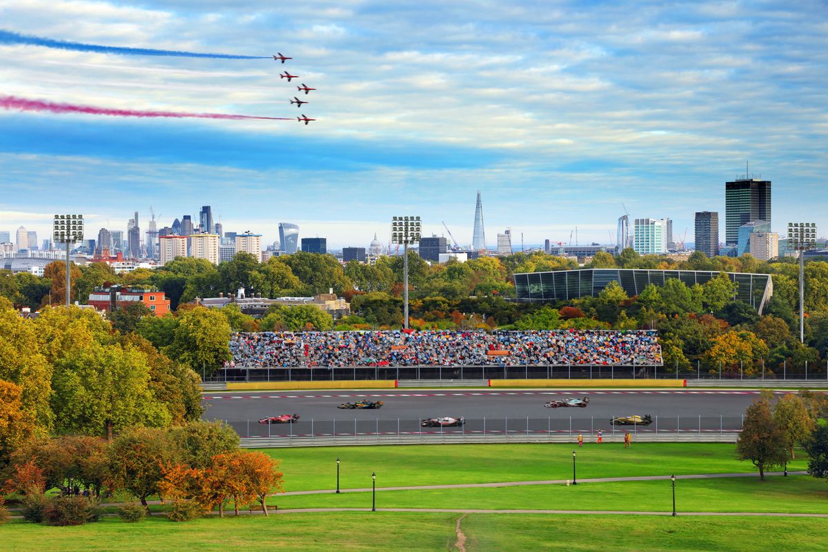 AI-generated image of a UK landmark with an F1 racetrack added