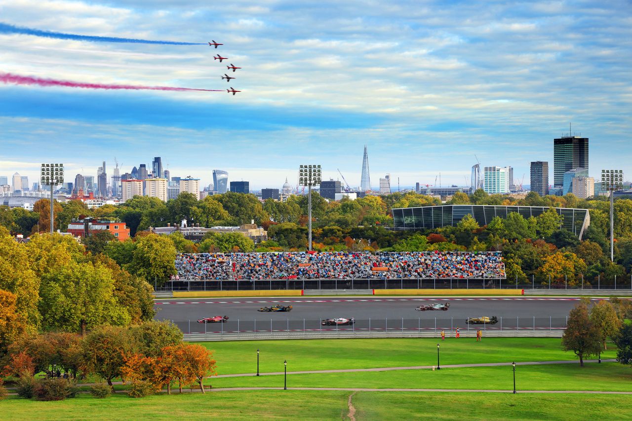 AI-generated image of a UK landmark with an F1 racetrack added