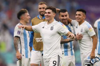 Julian Alvarez of Argentina celebrates following his team's victory in the FIFA World Cup Qatar 2022 semi final match between Argentina and Croatia at Lusail Stadium on December 13, 2022 in Lusail City, Qatar.