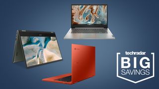 Three Chromebooks in the Best Buy sale on a blue background
