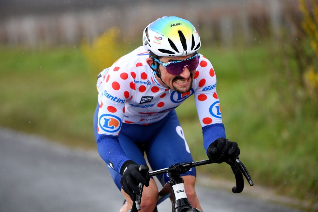 MONT BROUILLY FRANCE MARCH 06 Mathieu Burgaudeau of France and Team TotalEnergies Polka Dot Mountain Jersey competes in the chase group during the 82nd Paris Nice 2024 Stage 4 a 183km stage from ChalonsurSane to Mont Brouilly 476m UCIWT on March 06 2024 in Mont Brouilly France Photo by Alex BroadwayGetty Images