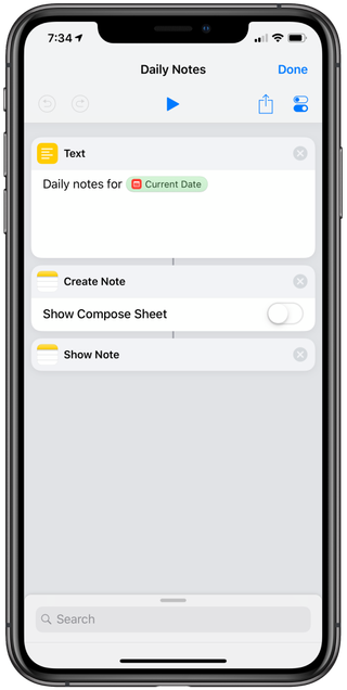 Create daily notes seamlessly with a Siri Shortcut set with Show Compose Sheet off in the Create Note action