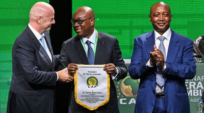 Ivory Coast&#039;s Football Federation president Yacine Idriss Diallo (C) pose with African Confederation of Football (CAF) president Patrice Motsepe (R) and FIFA president Gianni Infantino (L) during the CAF 45th Ordinary General Assembly in Abidjan in Ivory Coast on July 13, 2023.