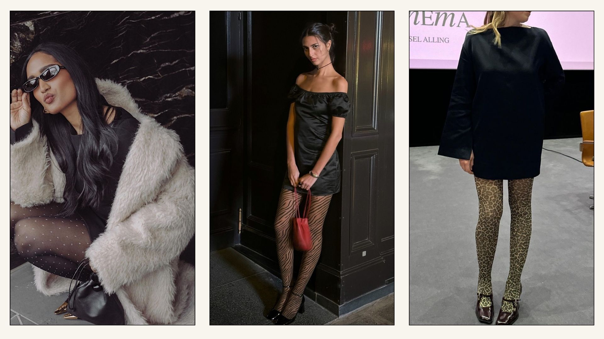 Collage of influencers wearing patterned tights.