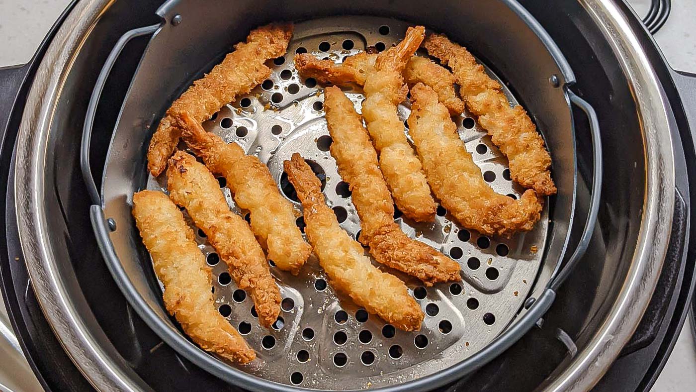 Instant Pot Duo Crisp and Air Fryer with cooked tempura
